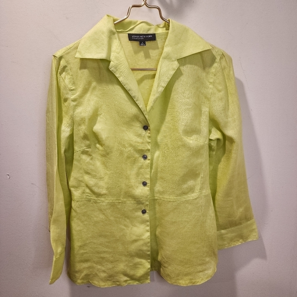JONES NEW YORK Green 100% Linen three quarter button Down shirt size 4
